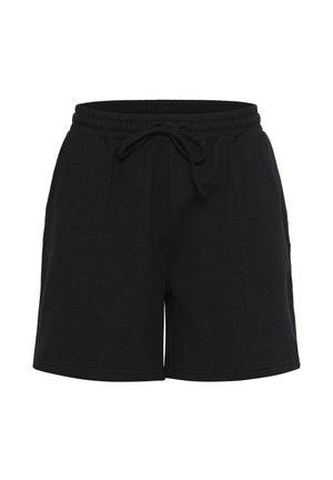 Shorts noirs en coton avec une taille élastique à cordon de serrage, des plis latéraux et une coupe décontractée. Design simple et épuré, adapté à un usage décontracté.