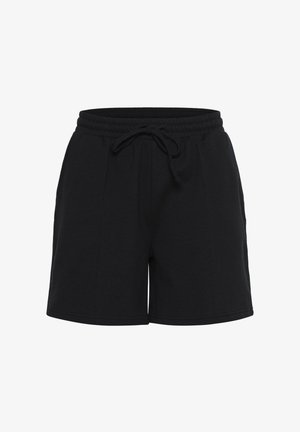 Shorts noirs en coton avec une taille élastique à cordon de serrage, des plis latéraux et une coupe décontractée. Design simple et épuré, adapté à un usage décontracté.