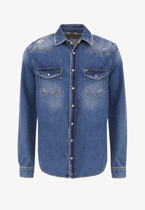 Blauw denim overhemd met lange mouwen, knoopsluiting aan de voorkant, twee borstzakken met kleppen en lichte slijtage aan de schouders en zakken.
