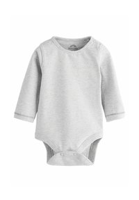 Grijze lange mouwen baby rompertje van zachte katoen met een ronde hals, drukknoopjes op één schouder en een nauw aansluitende pasvorm rond de benen.