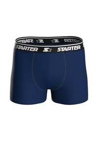 Navy blue boxer briefs with a black elastic waistband featuring the "STARTER" logo in white. Smooth texture and fitted design.