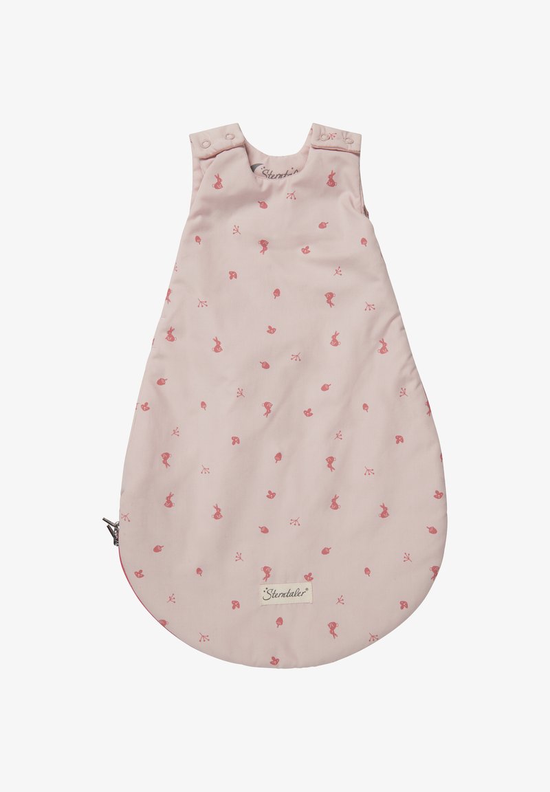 Light pink sleeping bag with small red floral and bunny patterns. Features snap closures at the shoulders and a rounded bottom. Soft fabric texture.