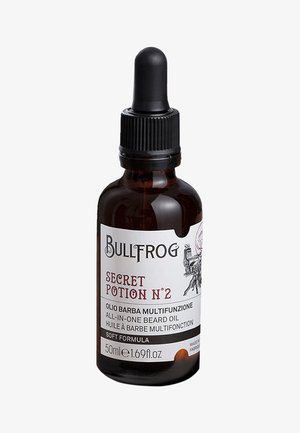 Braune Glasflasche mit einem schwarzen Tropfverschluss, gekennzeichnet mit "Bullfrog Secret Potion N°2", die 50 ml All-in-One Bartöl enthält.