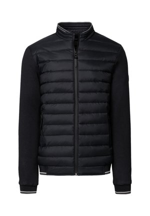 Czarna pikowana kurtka z pikowaną przednią częścią, dzianinowymi rękawami, wysokim kołnierzem, zamkiem błyskawicznym i bocznymi kieszeniami.