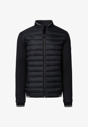 Czarna pikowana kurtka z pikowaną przednią częścią, dzianinowymi rękawami, wysokim kołnierzem, zamkiem błyskawicznym i bocznymi kieszeniami.