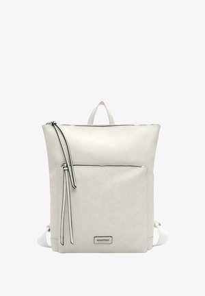 Witte faux leren rugzak met een bovenste ritsopening, een voorzak met rits en twee verstelbare schouderbanden. Kenmerkt zich door strakke lijnen en minimale accenten.