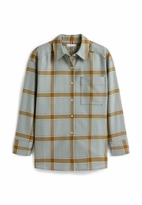 Chemise à manches longues à carreaux en bleu clair, marron et beige. Elle présente un devant à boutons, un col, une poche poitrine simple et une coupe standard.