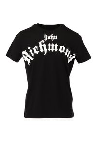 Black t-shirt made of cotton with short sleeves, featuring large white Gothic-style lettering that reads "John Richmond."