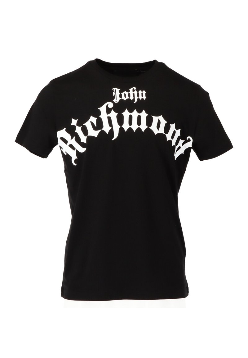 Black t-shirt made of cotton with short sleeves, featuring large white Gothic-style lettering that reads "John Richmond."