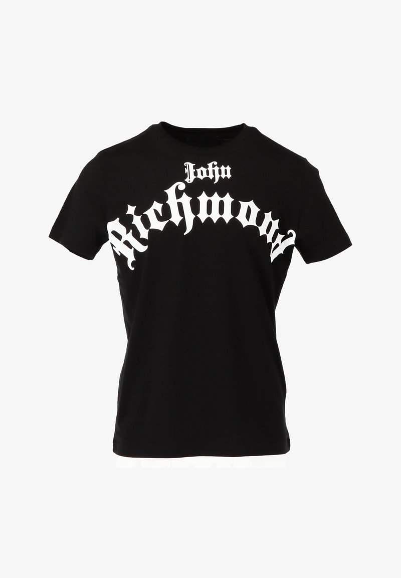 Black t-shirt made of cotton with short sleeves, featuring large white Gothic-style lettering that reads "John Richmond."