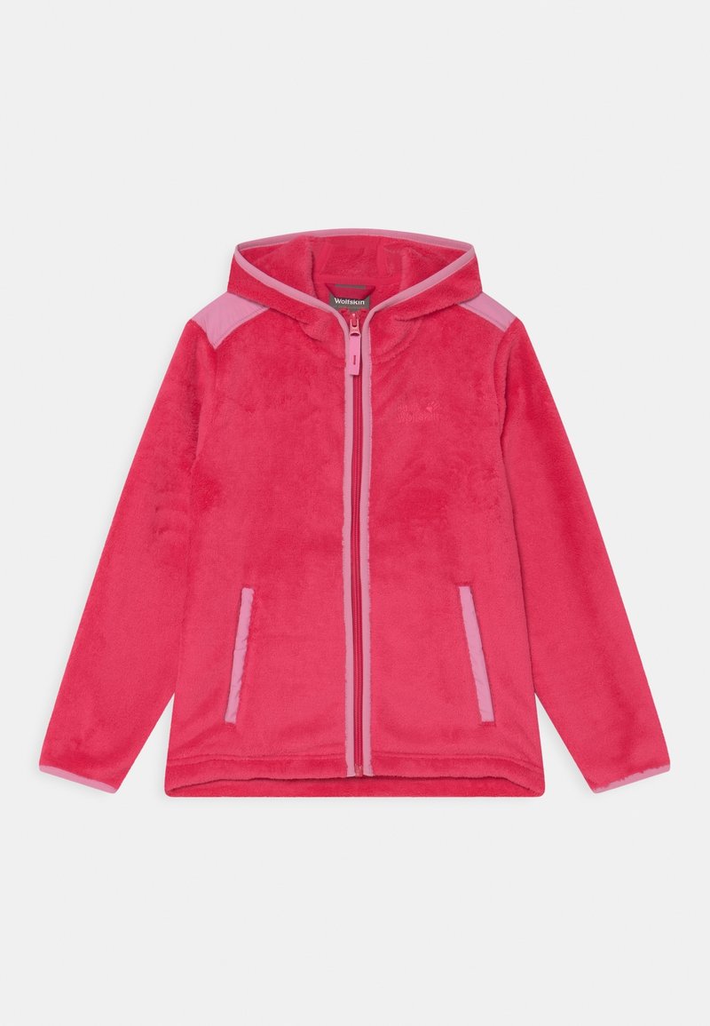 Rosa fleecejacka med huva, full dragkedja och sidofickor. Har kontrasterande ljusrosa detaljer på axlarna och fickorna.