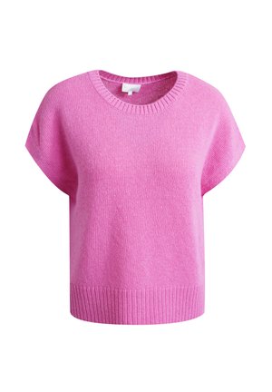 Rosa kurzärmeliger Strickpullover mit rundem Ausschnitt und geripptem Saum, auf weißem Hintergrund dargestellt.