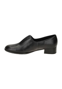 Chaussure noire en cuir à enfiler avec un bout arrondi et un petit talon carré. Texture lisse avec des détails de couture subtils sur le dessus.