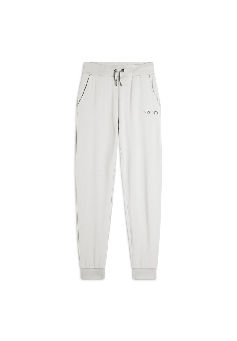 Lichtgrijze sweatpants met een verstelbare tailleband, zijzakken en geribbelde boorden. Bevat een geborduurd 'FREDDY'-detail op de dij.