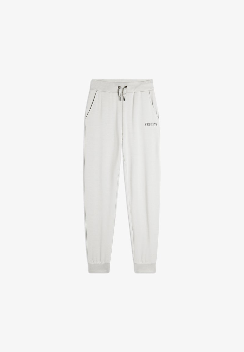 Lichtgrijze sweatpants met een verstelbare tailleband, zijzakken en geribbelde boorden. Bevat een geborduurd 'FREDDY'-detail op de dij.