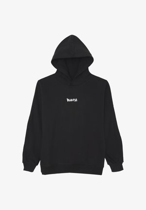 Felpa nera con cappuccio, maniche lunghe e testo bianco "Disclaimer" centrato sul petto.