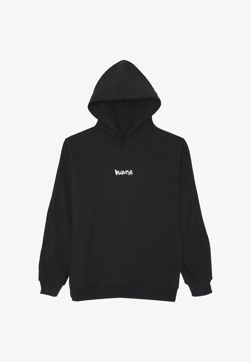 Felpa nera con cappuccio, maniche lunghe e testo bianco "Disclaimer" centrato sul petto.