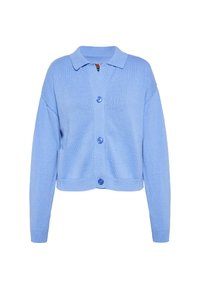 Cardigan a maglia azzurro chiaro con colletto, dotato di chiusura con bottoni sul davanti e polsini e fondo a coste. Texture morbida, design casual.