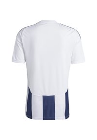 Korte mouwen sportshirt in het wit met marineblauwe verticale strepen op de rug, met een ronde hals en een gestructureerde stof.