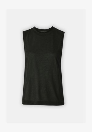 Zwarte, mouwloze top van zacht stof met een ronde halslijn en een relaxte pasvorm. Eenvoudig ontwerp zonder zichtbare patronen of details.