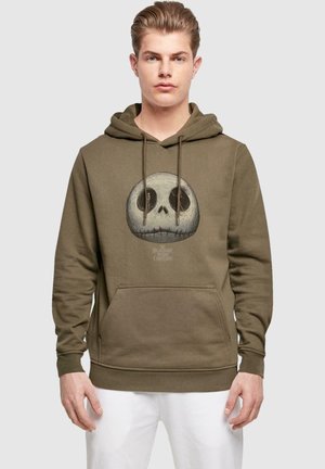Brauner Hoodie aus weichem Material mit einem großen, detaillierten Jack Skellington Grafik auf der Vorderseite, mit Kängurutasche und verstellbarem Kapuzenzug.