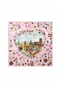 Kleurrijke collagekunst met een hartvormige illustratie van een stadsgezicht, omgeven door speelse icoontjes, harten en ballonnen op een roze achtergrond.