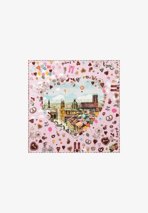 Une œuvre d'art en collage coloré présentant une illustration en forme de cœur d'un paysage urbain, entourée d'icônes ludiques, de cœurs et de ballons sur un fond rose.