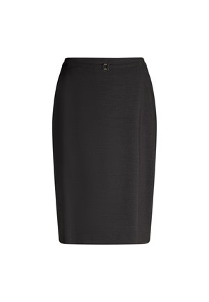 Zwarte kokerrok met een gladde textuur, middellang, met een aansluitende silhouet en subtiele riemlusdetails op de taille.