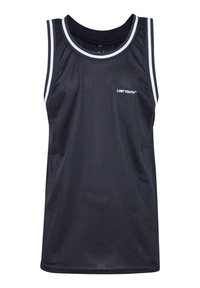 Melns bezroka T-krekls, izgatavots no tīkla auduma, ar apaļu kakla izgriezumu, baltiem akcentiem kakla izgriezumā un rokassprādzēs, un ar uzrakstu "ZAUDĒTAIS JAUNIEŠU" priekšā.