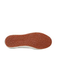 Suela de zapato de goma con una superficie texturizada de color marrón-naranja, con un borde blanco. La marca está impresa cerca del área del tacón.