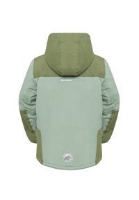 Giacca con cappuccio di colore verde chiaro e oliva, con maniche lunghe, logo Mammut sulla parte superiore della schiena e simbolo del mammut vicino all'orlo inferiore.