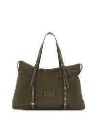 Grote olijfgroene tote bag met twee verstelbare gespslangen en leren handvatten, voorzien van een klein rechthoekig logopatch aan de voorkant.