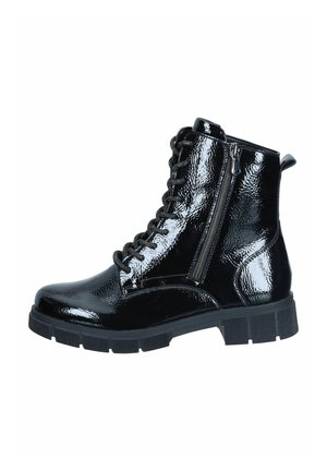Bottines en cuir verni noir avec une finition brillante, à lacets à l'avant et fermeture éclair sur le côté. Semelle en caoutchouc épaisse et détails texturés sur le dessus.