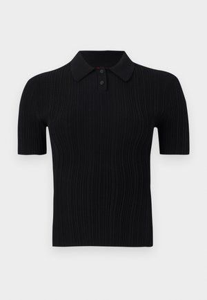 Polo noir à manches courtes côtelé avec deux boutons et un col plat, présenté sur un fond neutre.