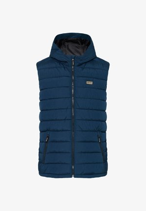 Gilet imbottito blu navy con cappuccio, dotato di zip frontale e tasche laterali con cerniera, design trapuntato e un piccolo logo sul petto.