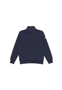 Navy blue, long-sleeve sweatshirt with a collar, featuring a ribbed hem and cuffs. Includes a small logo on the left shoulder.