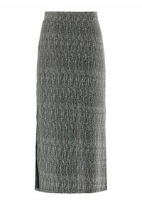 Jupe crayon en tricot gris avec des rayures texturées verticales, une fente sur le côté et une taille élastique. Le tissu a un léger éclat.
