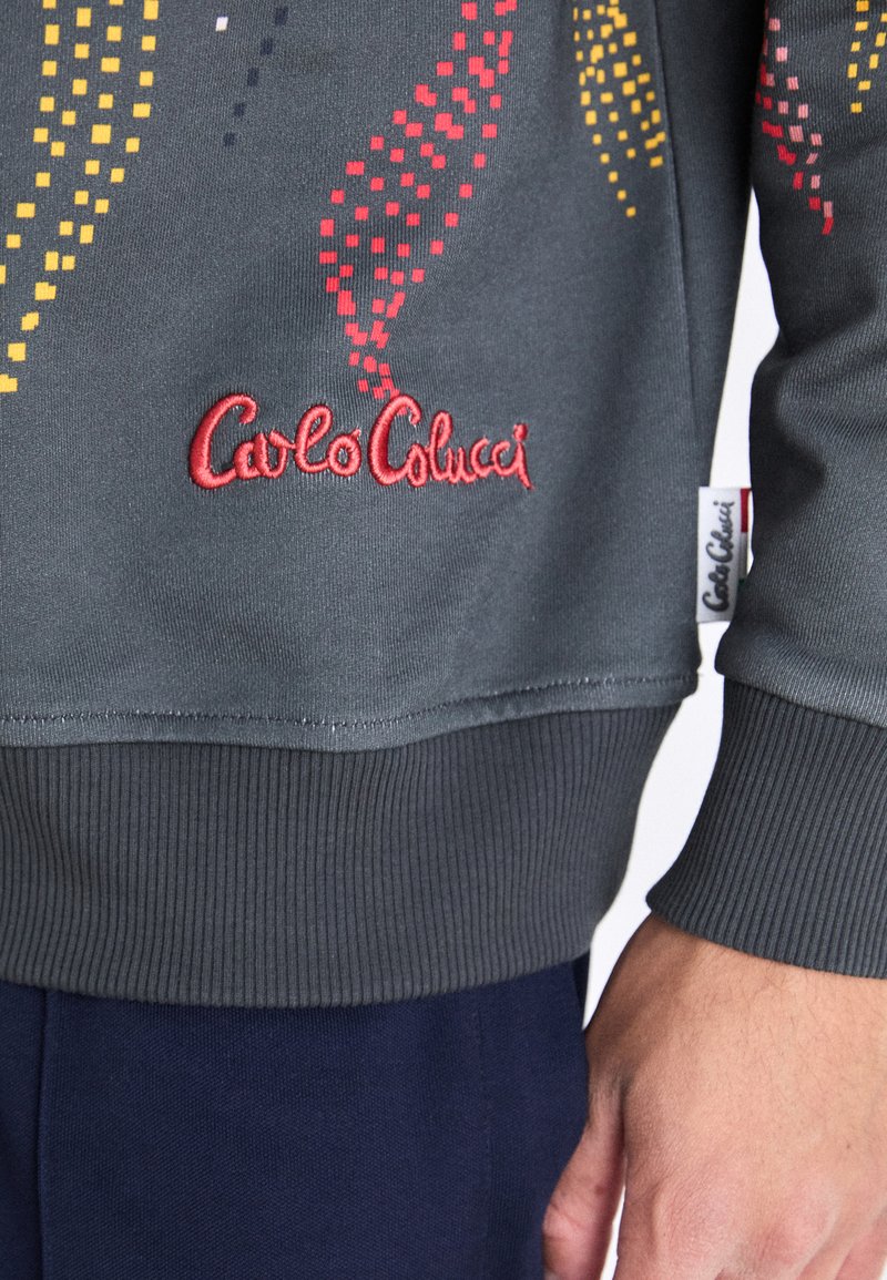 Grijze sweatshirt met multikleuren pixelachtige patronen in rood, geel en blauw. Voorzien van een geribbelde zoom en geborduurd "CarloColucci" logo.