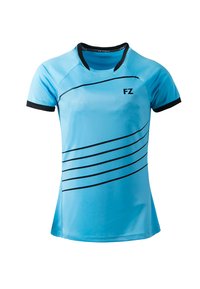 Ljust blå kortärmad träningsskjorta med svart krage, snedställda svarta ränder och "FZ"-logotyp på bröstet.