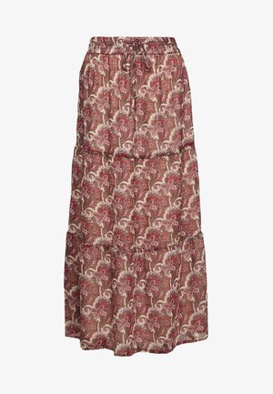 Long, flowy tiered skirt made of lightweight fabric, featuring a red and beige floral paisley print with an elastic waistband and adjustable drawstring.