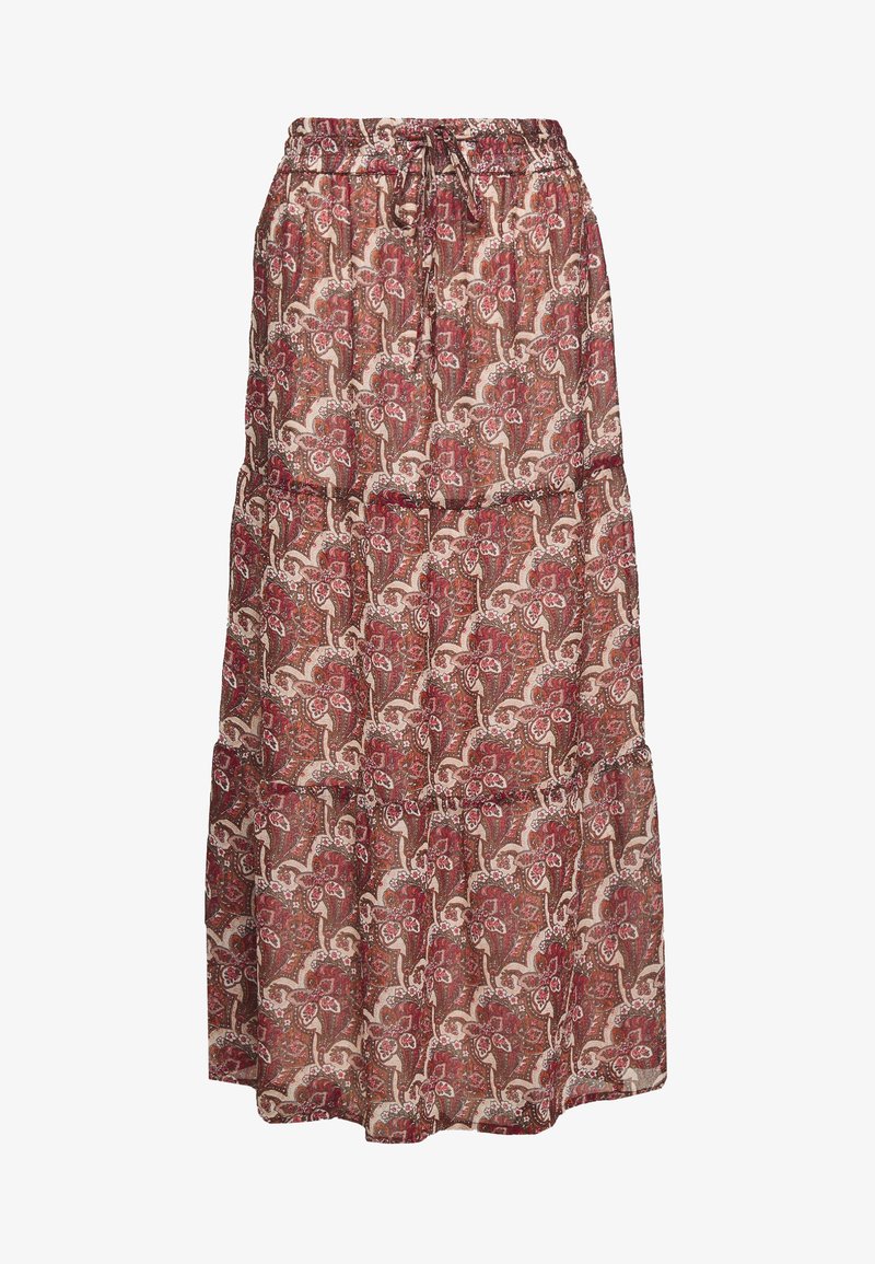 Gonna lunga e fluida a strati realizzata in tessuto leggero, con una stampa floreale paisley rossa e beige, dotata di vita elastica e cordoncino regolabile.