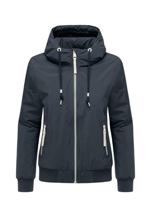 Veste bleu marine avec capuche, fermeture éclair sur le devant et poignets élastiques. Comprend deux poches latérales et des cordons de serrage au niveau de la capuche pour un ajustement.