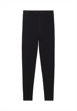 Black leggings made from smooth, stretchy fabric with a fitted design and an elastic waistband. No visible patterns or hardware details.