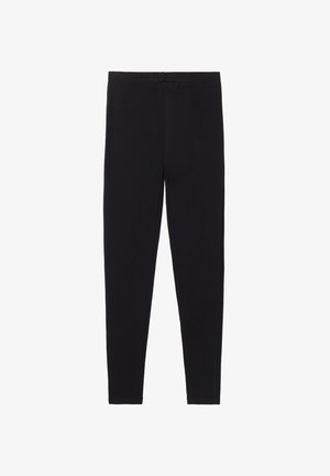 Leggings noirs fabriqués dans un tissu lisse et extensible, avec une coupe ajustée et une taille élastique. Pas de motifs visibles ni de détails en matériel.