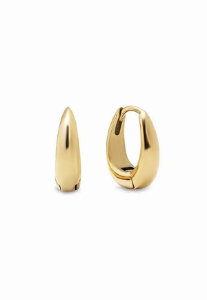 Gold-tone hoop earrings featuring a tapered design. Smooth, shiny surface with a hinge closure on one earring.