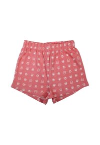Short rose en coton avec une ceinture élastique, présentant un motif de traces de pas blanches et de cœurs sur tout le tissu. Design court.