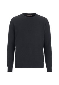 Maglione a maglia grigio scuro con scollo rotondo, maniche lunghe e motivo testurizzato. Presenta polsini e orlo a coste per una vestibilità sicura.