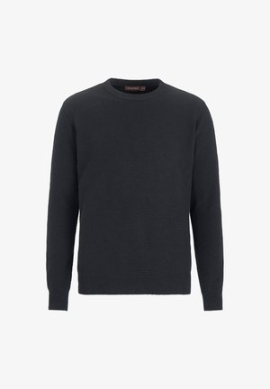 Maglione a maglia grigio scuro con scollo rotondo, maniche lunghe e motivo testurizzato. Presenta polsini e orlo a coste per una vestibilità sicura.