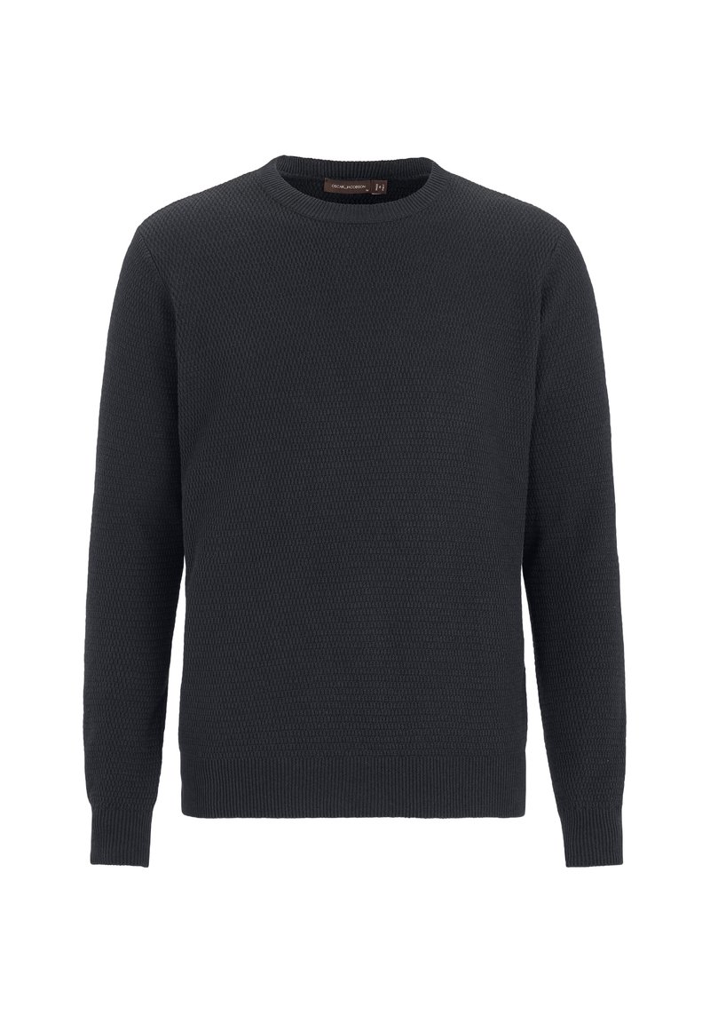 Maglione a maglia grigio scuro con scollo rotondo, maniche lunghe e motivo testurizzato. Presenta polsini e orlo a coste per una vestibilità sicura.