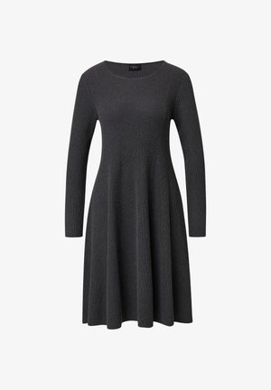 Abito a coste grigio scuro con maniche lunghe, scollatura rotonda e gonna svasata, realizzato in un tessuto a maglia testurizzato.